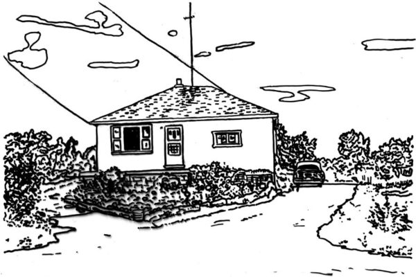 A black and white drawing of a small house with a car in the drive. There are a few clouds in the sky.