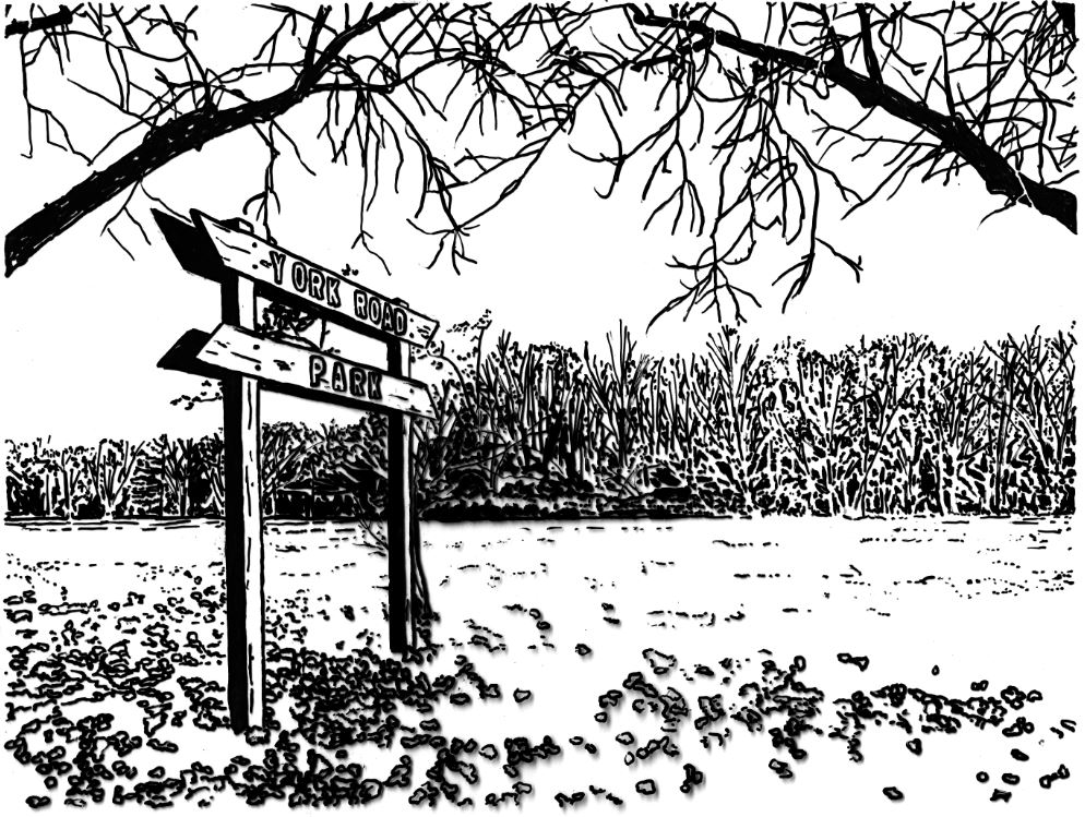 A black and white drawing of wooden sign identifying York Road Park in Guelph.