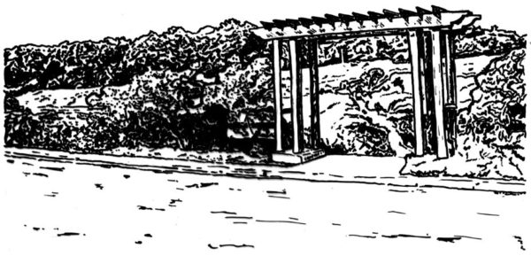 A black and white drawing of a trail with a wooden trellis.