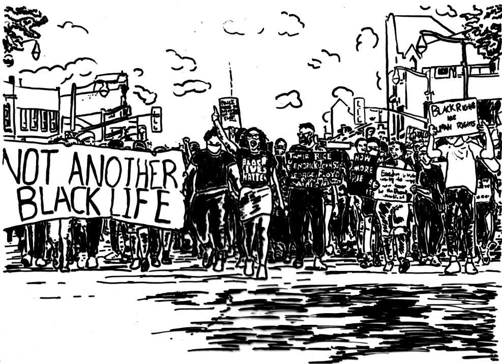 A black and white drawing of a crowd marching. The leader of the march points a finger in the air and wears a, “Black Lives Matter” t-shirt. The crowd holds a banner that says, “NOT ANOTHER BLACK LIFE.”