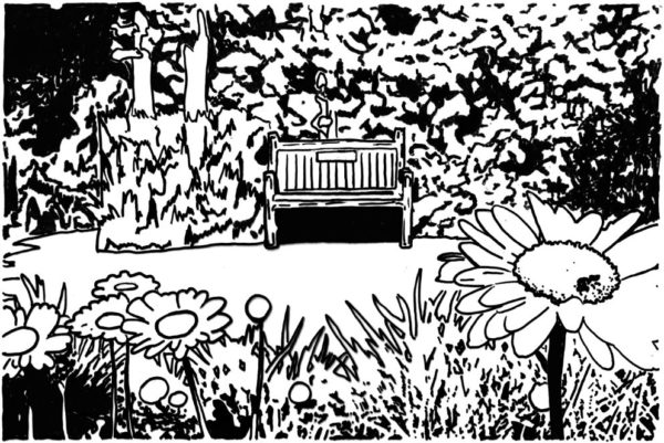 A black and white drawing of a park setting with a bench that has a plaque on it in the middle.