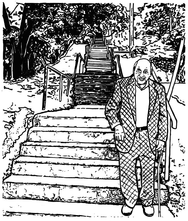 In a black and white drawing, a balding man in a suit stands at the bottom of a long stretch of stairs climbing into the distance. He smiles and holds a cane.
