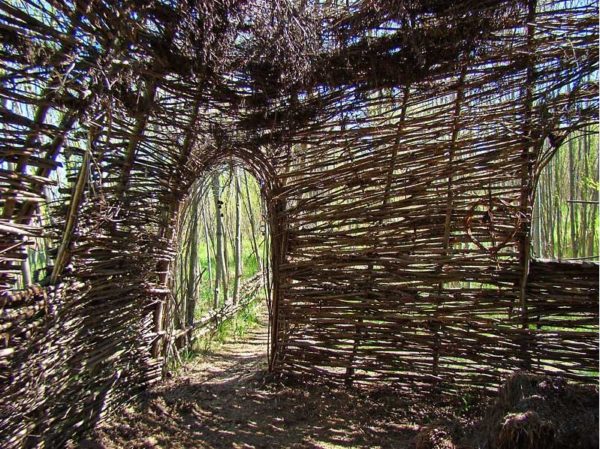A colour photograph of an outdoor shelter made of sticks in a wooded setting. There is a small door and a window.