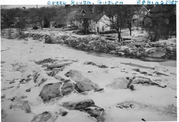 A black and white photograph of a frozen river with houses along its bank. At the top it reads, “SPEED RIVER, GUELPH SPRING 1965”