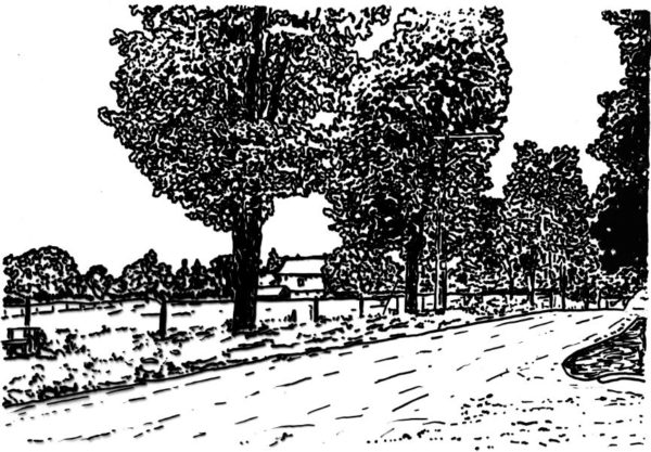 A black and white drawing of a country road lined with trees and a farmhouse in the distance.
