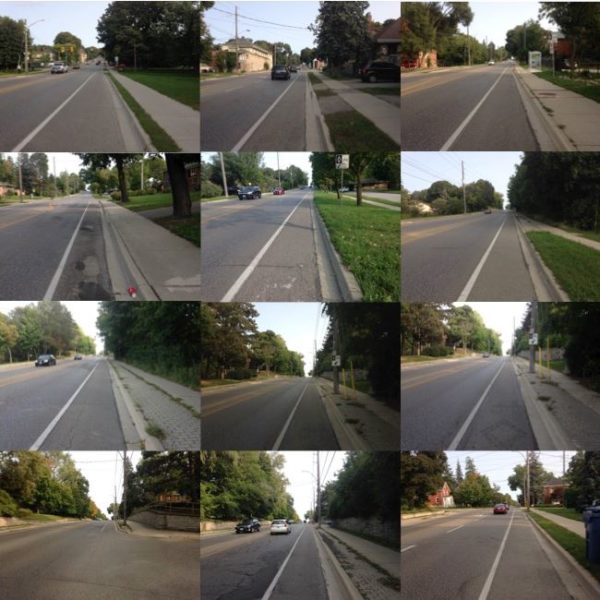 A colour photograph collage with 12 images of paved roads with bike lanes.