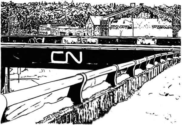 A black and white drawing of a snowy pathway with a railing and a CN train bridge with buildings and trees in the background.