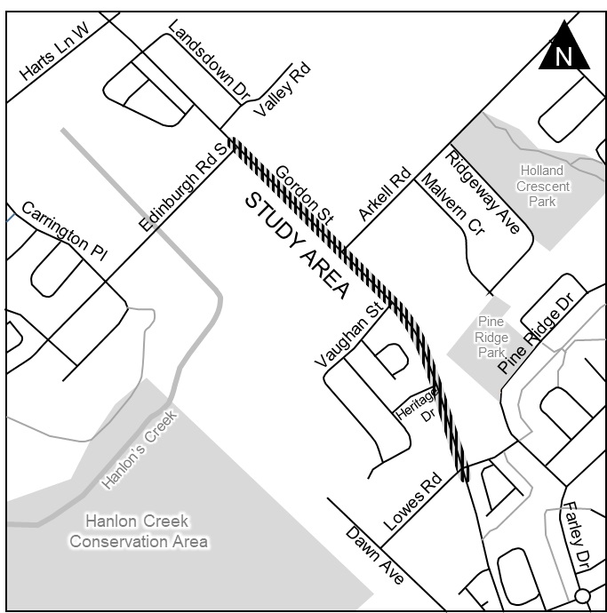 The map shows Gordon Street from Edinburgh Road South to Lowes Road highlighted as the study area.