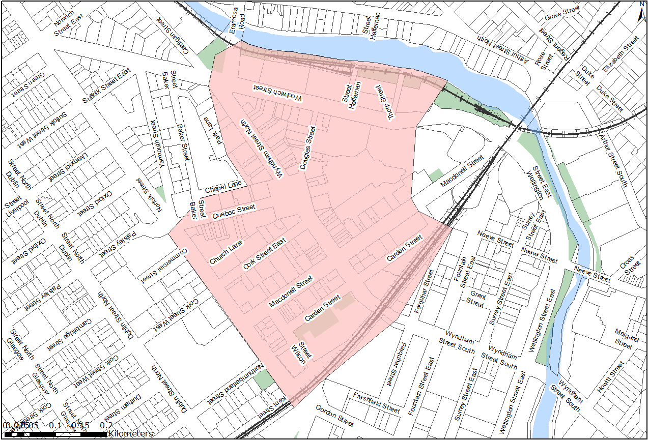 Map of the proposed full HCD Study area. It consists of a singular swath of land, occupying the historic centre of Downtown Guelph. The area is loosely bounded by the Speed River/Quebec Street to the north, Neeve Street to the east, Farquhar Street to the south, and Norfolk/Wyndham Streets to the west. 