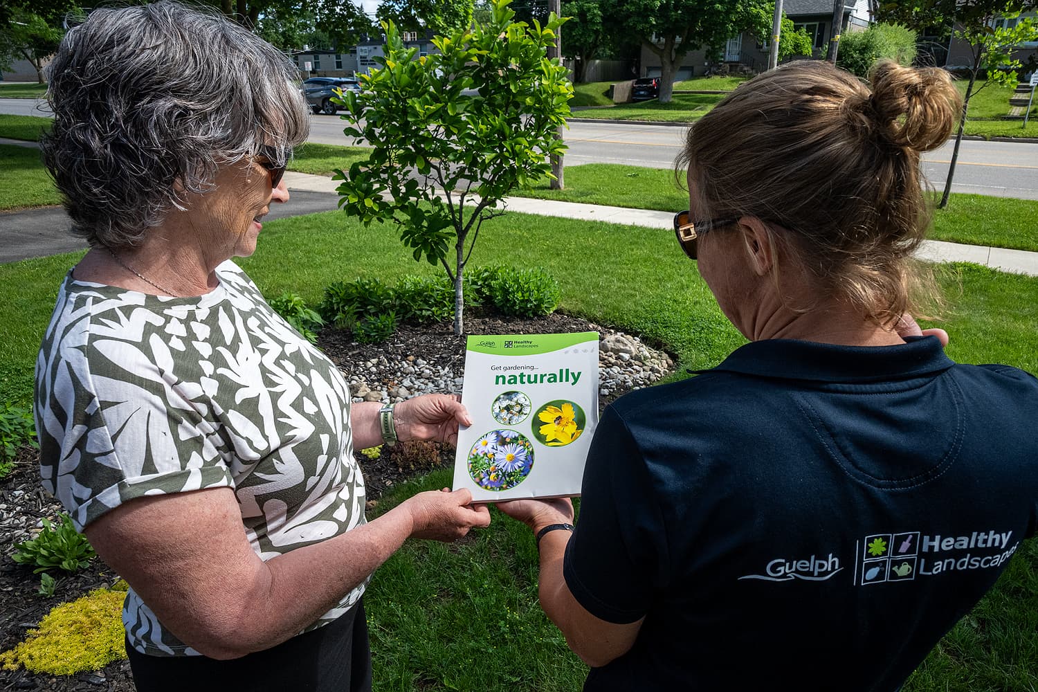 A Healthy Landscapes consolation in a Guelph front yard. A City representative in a Healthy Landscapes shirt hands a program folder to the landowner.