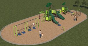 Henderson rendering, Howitt Park: A green themed playground with four distinct play areas, including a swing area containing two older kid swings, one toddler swing and one accessible swing, a tall play area with intermediate climbing activities, shade and three slides, a smaller structure with shade, a short slide and sensory play plus a climbing web area.