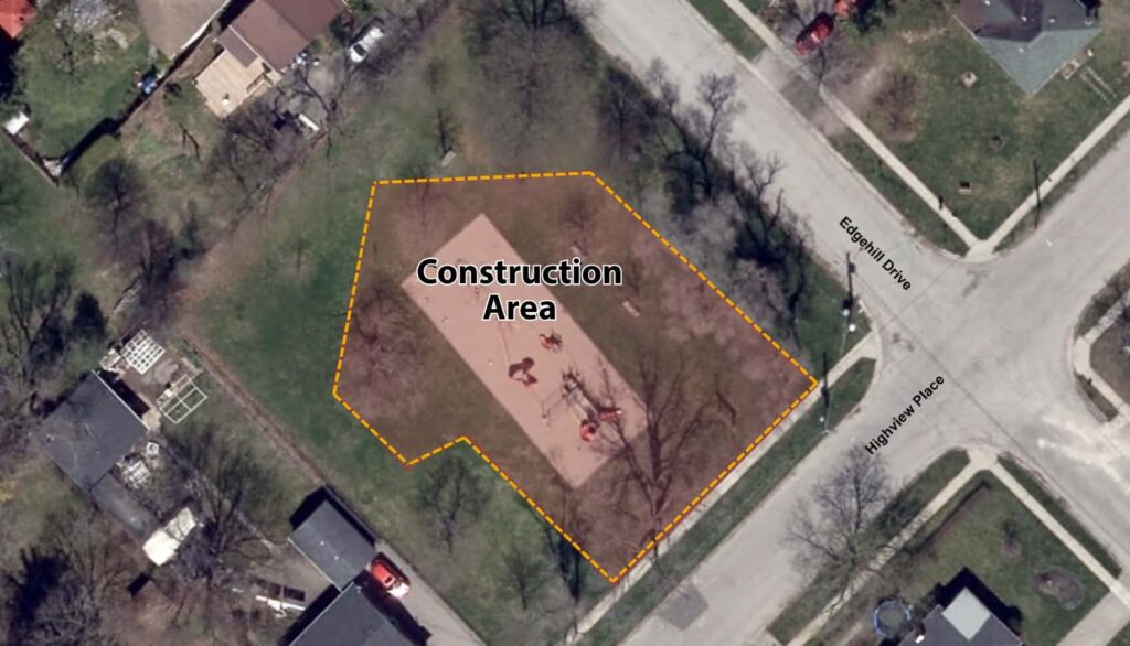 Aerial image of Highview Park, near the intersection of Edgehill Drive and Highview Place. The project area is highlighted with an area shaded in red and outlined with a dashed yellow line.