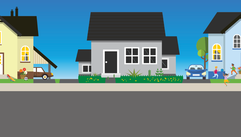 Vacant home with no lights on and overgrown lawn is placed in between two homes with lights on, car in driveway, bikes on grass, kids playing in front yard.