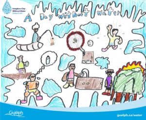 Drawing shows people unable to drink fresh water, put out fires or go fishing