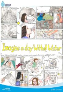 Comic style drawings shows critical day to day uses including bathing, drinking, cooking, washing hands and clothes, and water plants, and suggests ways to save water including shorter showers, fixing leaks and turning off the tap while brushing your teeth