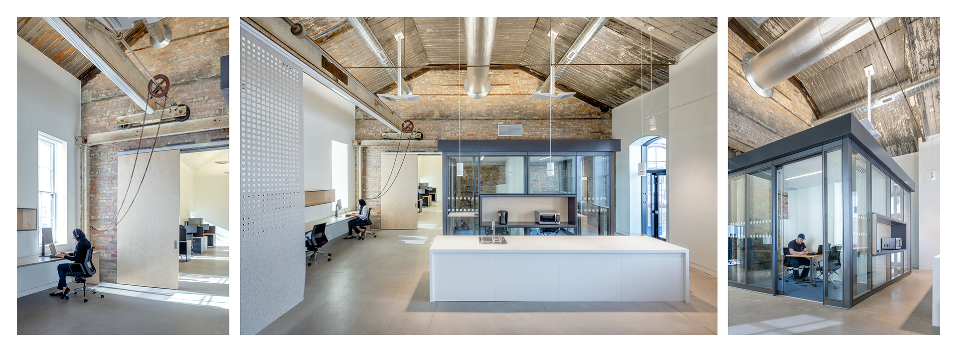 Interior views of the Engine House as restored in 2021, including meeting rooms, office space, and lunch area. Preserved elements include exposed original brickworks, old lifts used to move equipment, and original wooden beams.