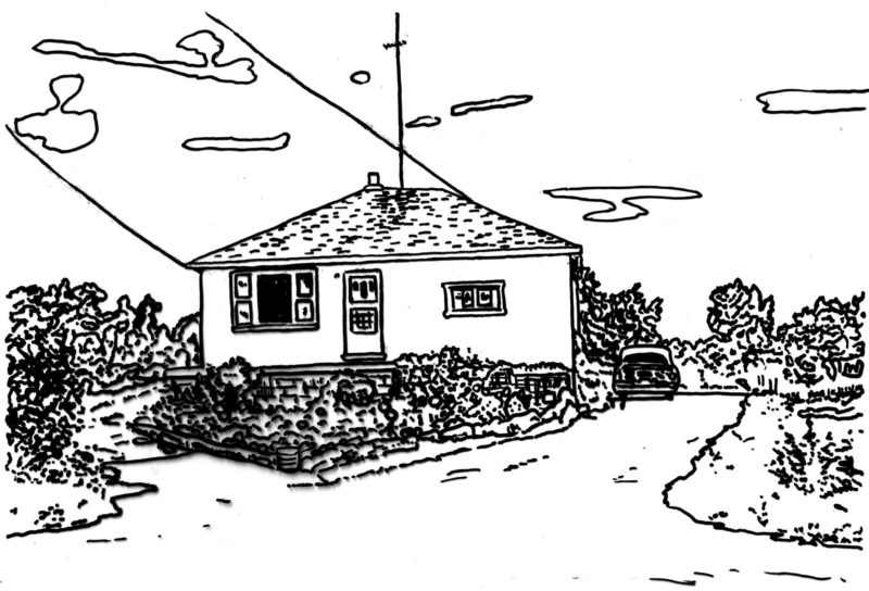 A black and white drawing of a small house with a car in the drive. There are a few clouds in the sky.