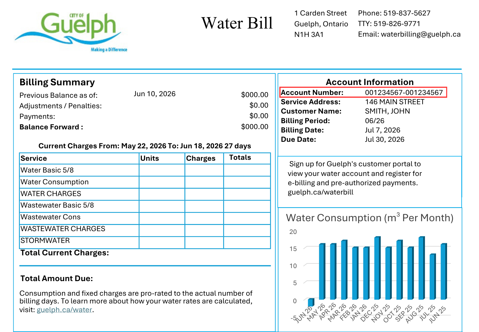 An image showing a water bill sample with the 18-digit account number indicated with a red box on the top right of the bill.