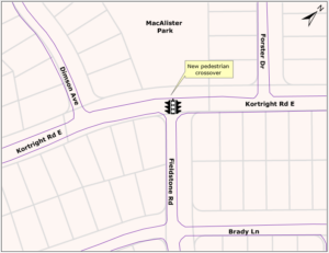 Map showing Kortright Road East at Fieldstone Road 