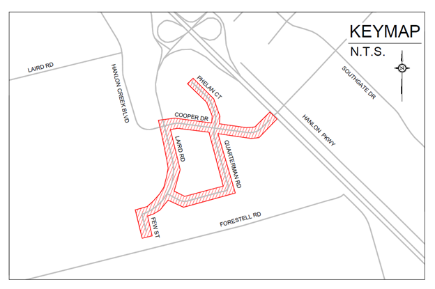 Construction Notice for lane reductions that are happening on Laird Road, Phelan Court, Cooper Drive, Quarterman Road ad Few Street