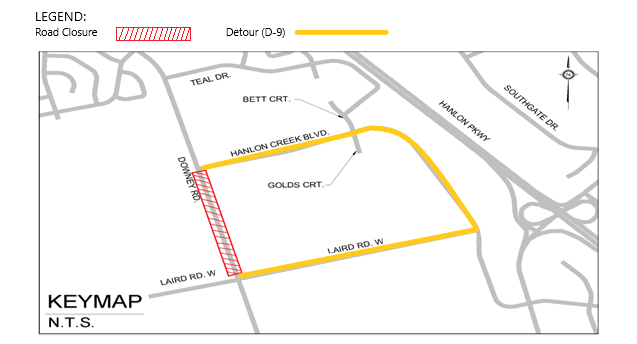 An aerial view of a map of the construction area. The detour route is outlined in yellow, which indicates using Hanlon Creek Boulevard and Laird Road West to get around the Downey Road closure.