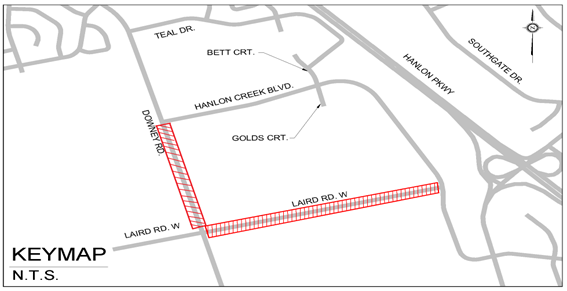 An aerial view of a map of the construction area, where the roads affected by the paving have been indicated using red lines. 