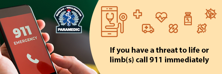 A photo of a hand holding a cell phone with the 911 on the screen. Also there are icons of a cell phone, a medical cross, a heart with a pulse line through it, a medicine bottle, a virus, an ambulance, a bandaid, and broken bones.