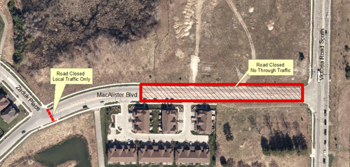 An aerial view of a map of the construction area, with the construction area indicated using a red rectangle. There is also a text box pointing to the construction area that reads, "Road closed, no through traffic". There is a dotted line where Zaduk Place meets MacAlister Boulevard that has a text box reading, "Road closed, local traffic only". 