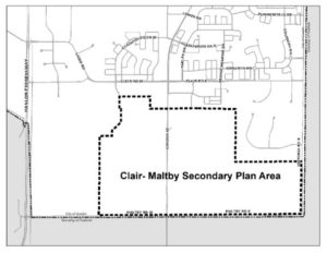 A map showing the boundary of the Clair-Maltby Secondary Plan area