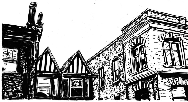 A black and white drawing of the second story of a row of buildings.