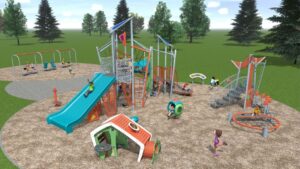 New World Solutions rendering, Dovercliffe Park: A playground with five distinct play areas plus extra components in the open. One play area is tall with an extra wide slide, shade and intermediate climbing elements, one is shorter with a smaller slide and easier climbing elements, a play house area and a swing area with two accessible swings, two toddler swings and two swings for older kids. There is also some sensory music equipment off to one side.
