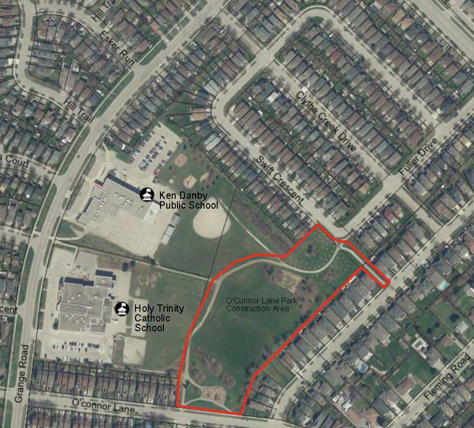 A map of O'Connor Lane Park, with the entire park boundary outlined in red showing the construction area where fencing will be installed for the duration of construction.