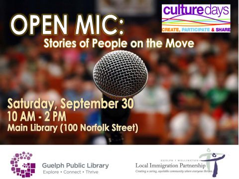 Open Mic: Stories of people on the move. Saturday, September 30 10AM to 2PM, Main Library (100 Norfolk Street