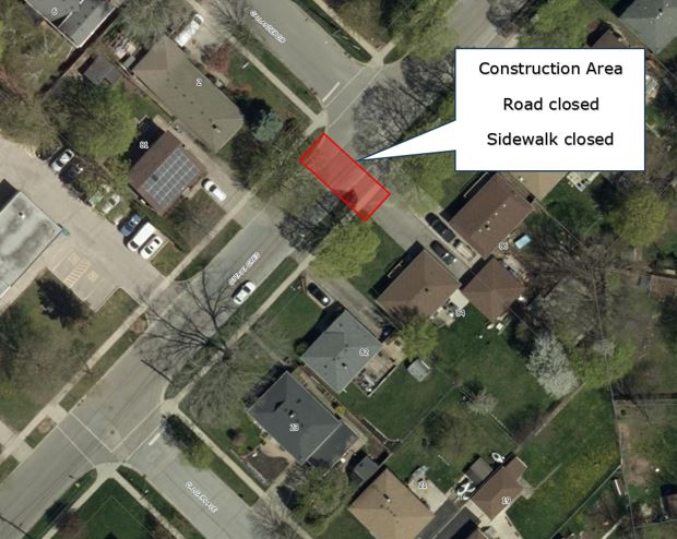 Map of construction area where the road and sidewalk are closed.