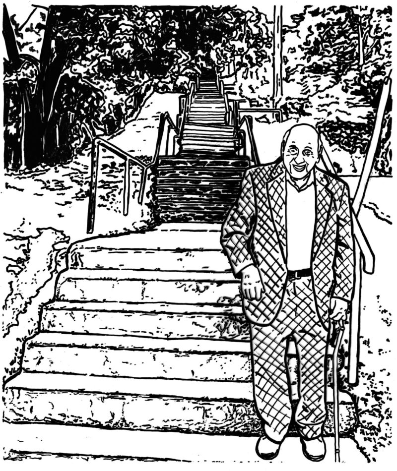 In a black and white drawing, a balding man in a suit stands at the bottom of a long stretch of stairs climbing into the distance. He smiles and holds a cane.