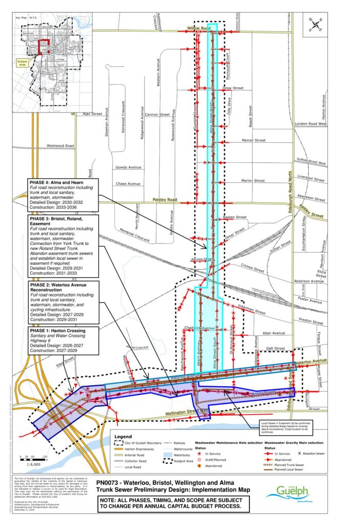 Alt Text: A map displaying the proposed phases of work for PN0073 - Waterloo, Bristol, Wellington, and Alma Sewers. A visual representation of the text above the figure.
