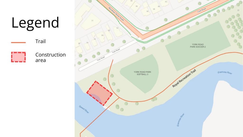 Map of the Royal Recreation Trail off of York Road. A small area along the Speed River shoreline between York Road and the covered bridge is identified as a construction area.