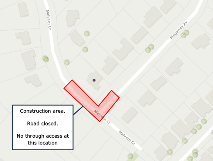 An aerial view of a map indicating the area of construction. The area of construction has a red box around it, and there is a text box that says "Construction area. Road closed. No through access at this location.".