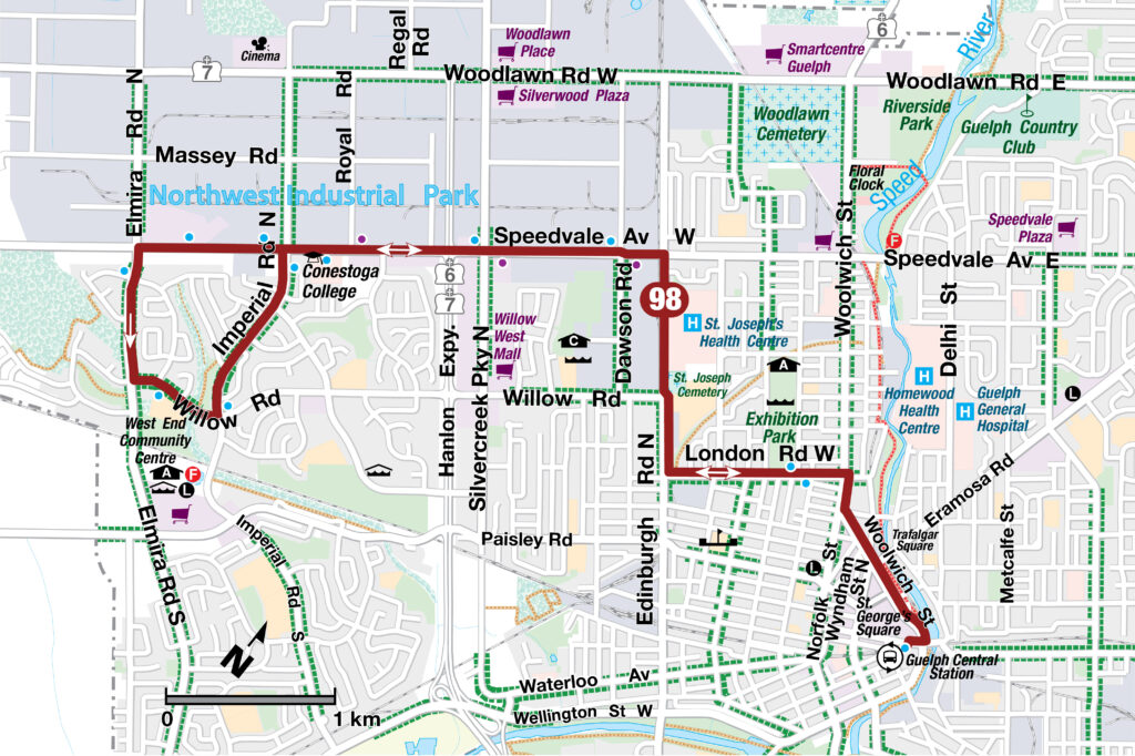 Image is a ,map of Guelph Transit's route 98. 