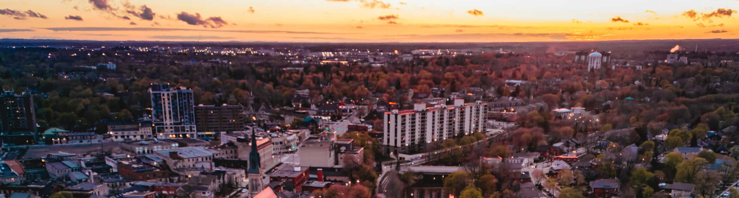 aerial view of Guelph at sunset.