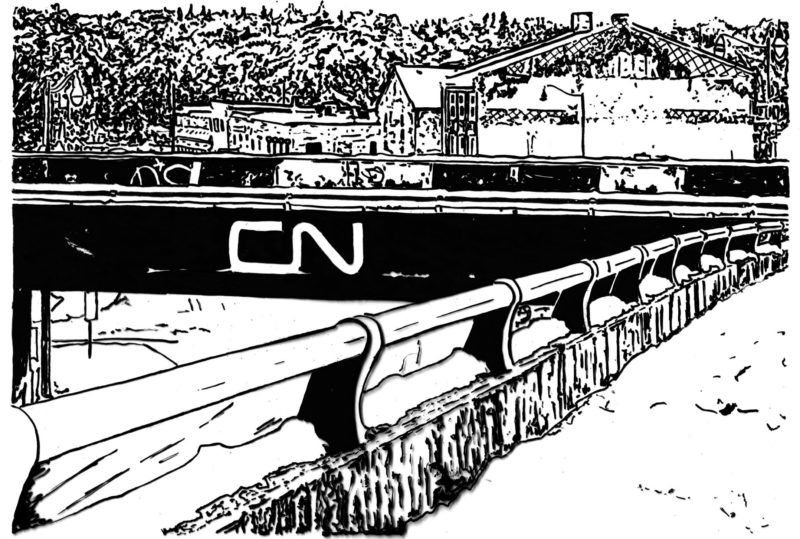 A black and white drawing of a snowy pathway with a railing and a CN train bridge with buildings and trees in the background