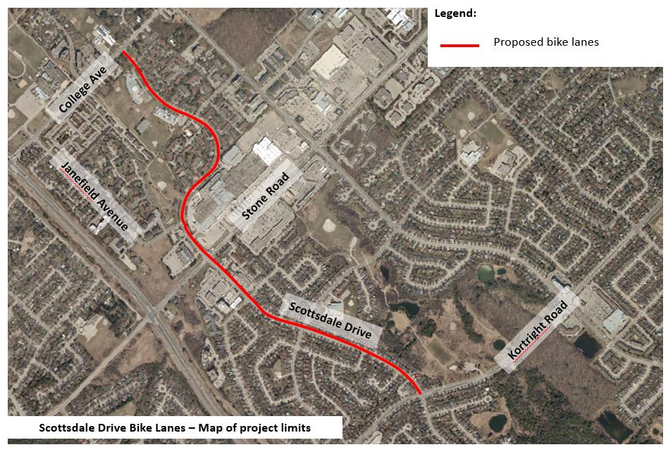 An aerial view of a map of the construction area, with a red line indicating where the work will be taking place along Scottsdale Drive.