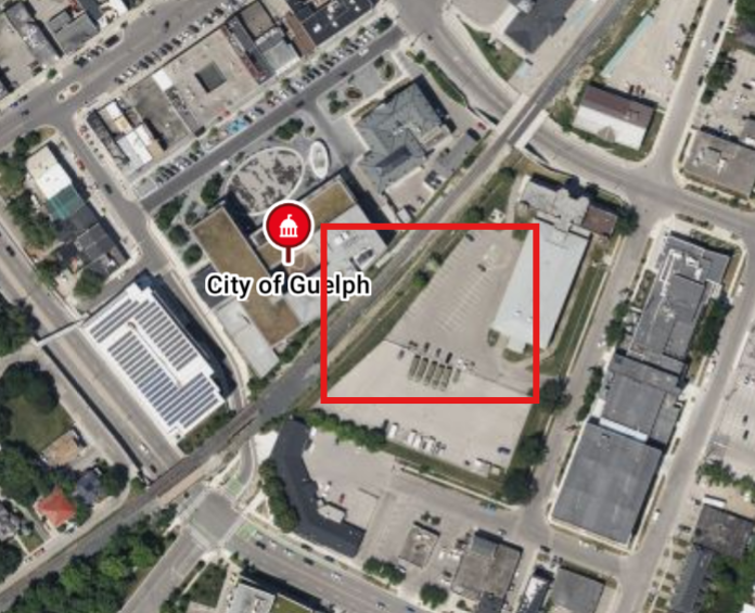 Satellite map of Downtown Guelph with a red square around City Hall and the armoury depicting the construction area.