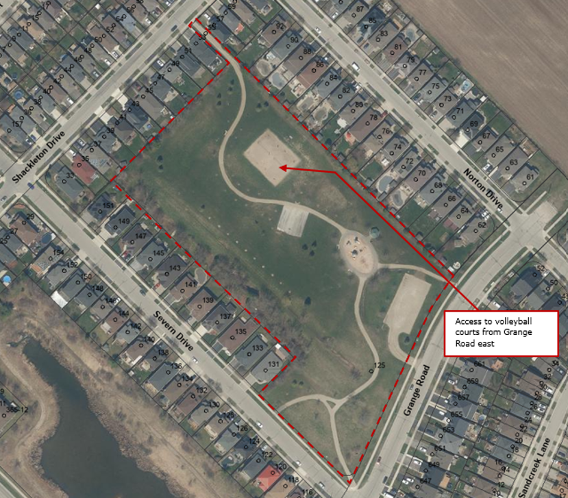 Map of Severn Drive Park with the park boundary outlined with a dashed red line. An arrow indicates the route to reach the volleyball courts from the eastern side of the park, through an entrance off Grange Road.
