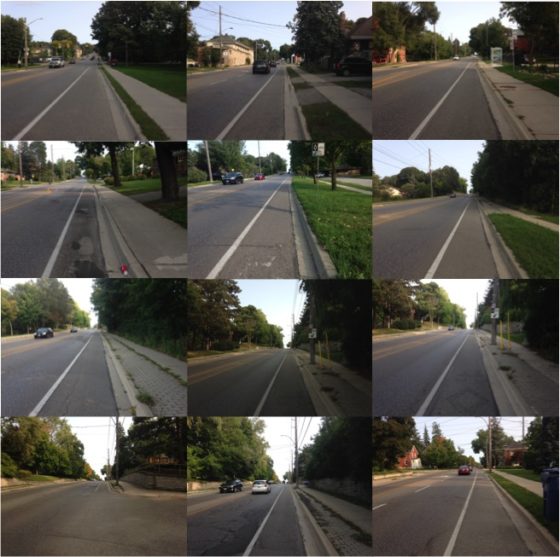 A colour photograph collage with 12 images of paved roads with bike lanes.