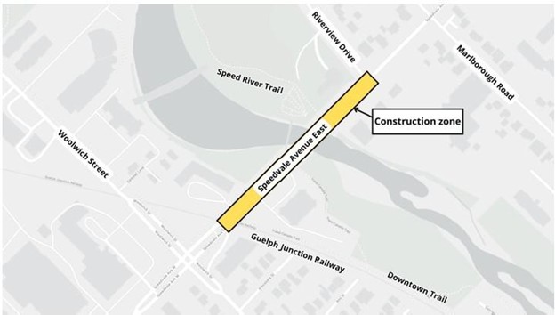 an aerial view of the construction zone on Speedvale Avenue East. The construction zone is highlighted in yellow beginning at the Guelph Junction Railway and finishing at Riverview Drive