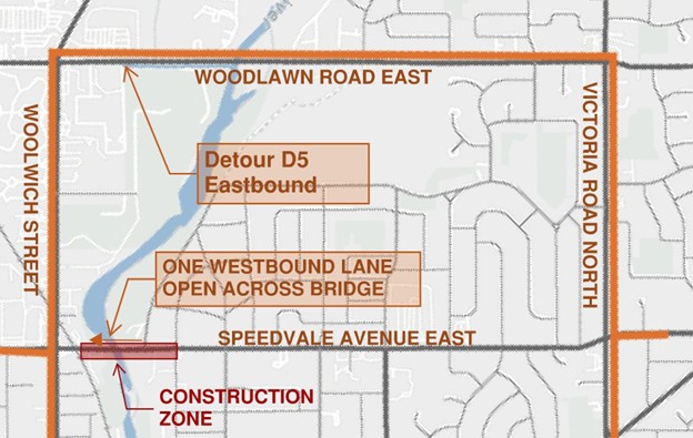 a map showing the detour to get around the construction on Speedvale Avenue West. The detour is from Woolwich Street turning left on to Woodlawn Road East then turning right on Victoria Road North. If you are travelling in the opposite direction, the driver would Victoria Road North, take a left on Woodlawn Road East then a left on to Woolwich Street.