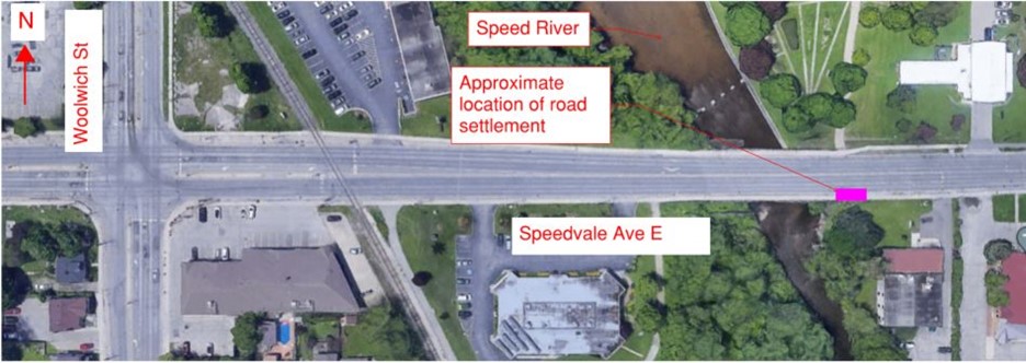 Satellite image of Speedvale Avenue East with approximate location of road settlement indicated near Woolwich Street.