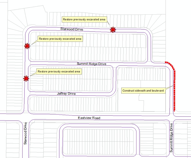 An aerial view of a map outlining where the construction will be completed as described in the construction notice. There are also notes indicating that the work on Starwood Drive is to restore the previously excavated area and that the work completed on Summit Ridge Drive is to construct the sidewalk and boulevard. 