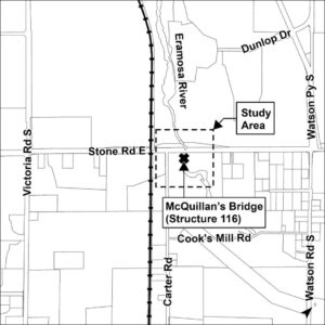 A map of Stone Road East in Guelph, from Victoria Road South to Watson Parkway South, with McQuillan's Bridge outlined.